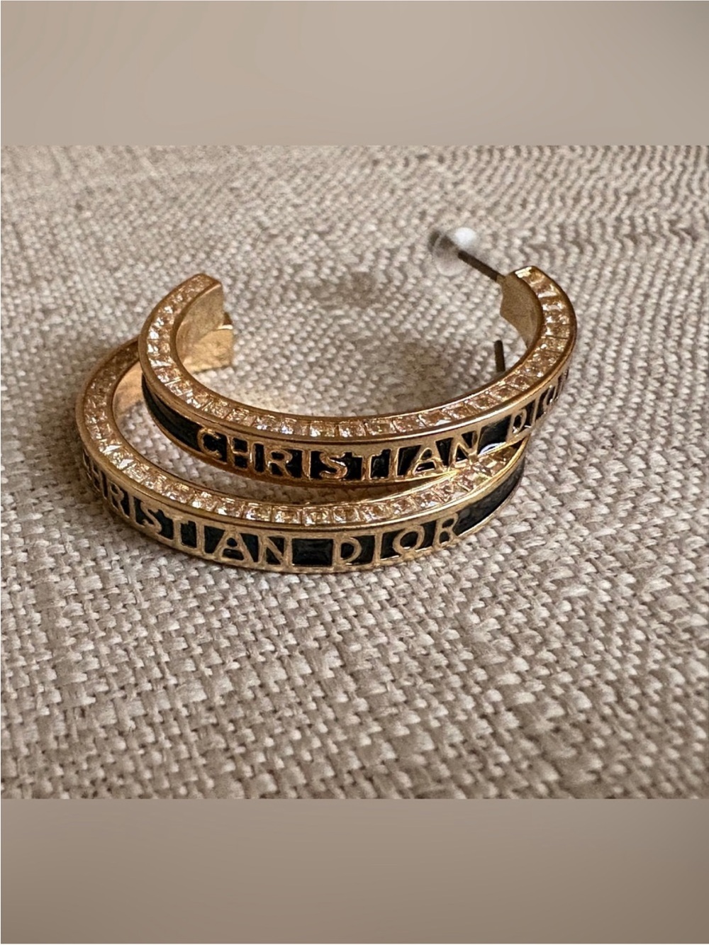 Dior Gold Hoop Earrings with Black Enamel and Crystals